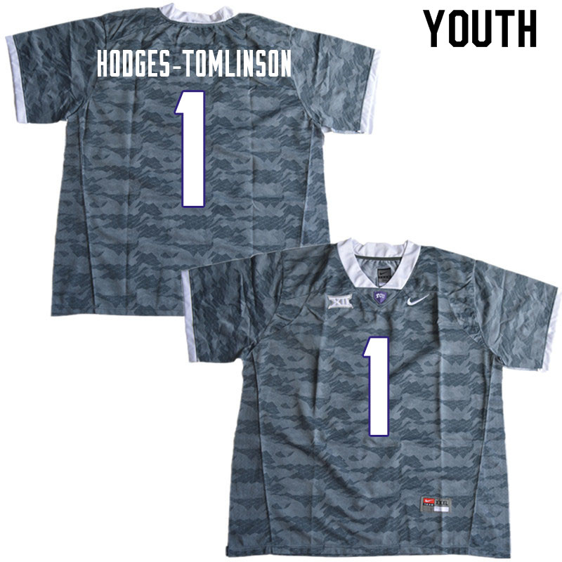 Youth #1 Tre'Vius Hodges-Tomlinson TCU Horned Frogs College Football Jerseys Sale-Gray